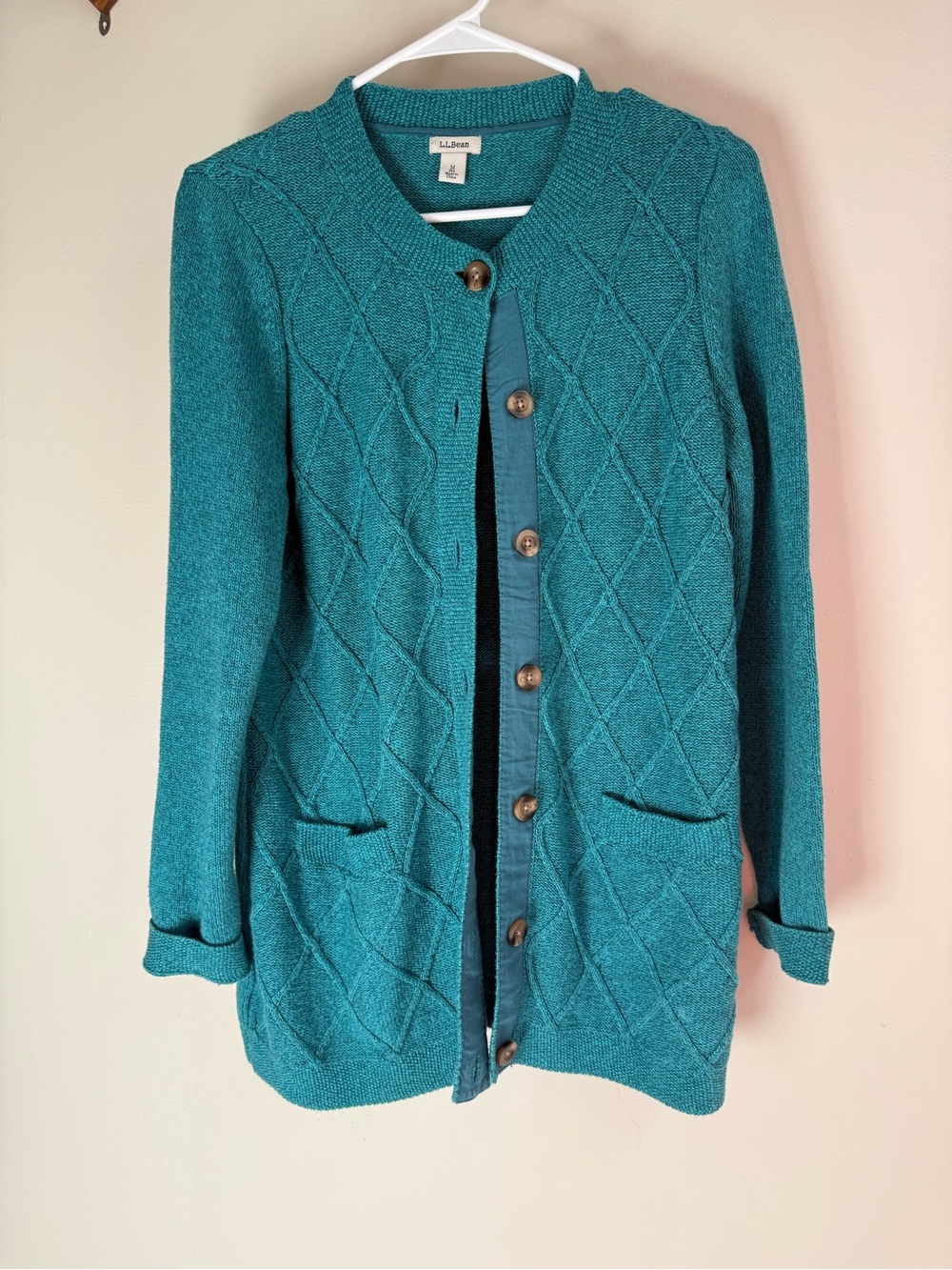 L.L. Bean Teal Diamond-Pattern Button Front Cardigan